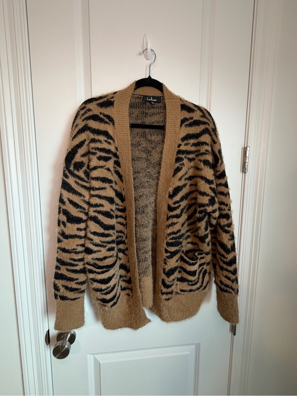 Lulu Camel and Black Animal-Print Open Cardigan Fall Business Casual